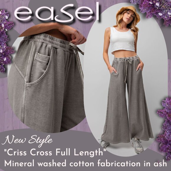 easel Pants - EASEL "Criss Cross" Full Length Mineral Washed Pants, Wide Flared Leg & Pockets